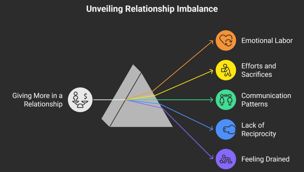 Signs you're giving more in a relationship: emotional labor, constant efforts and sacrifices, unbalanced communication, lack of reciprocity, and feeling emotionally drained.
