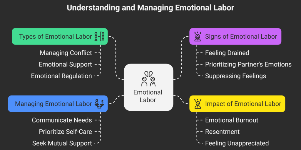 Types and signs of emotional labor in relationships: managing conflict, offering emotional support, regulating feelings, signs like emotional exhaustion and suppression, and impacts such as burnout and resentment. Tips for managing emotional labor through communication, self-care, and mutual support.